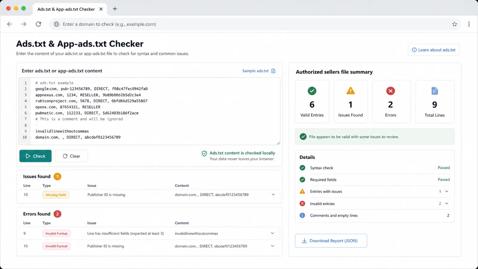 Authorized sellers file checker interface with local text input and summary