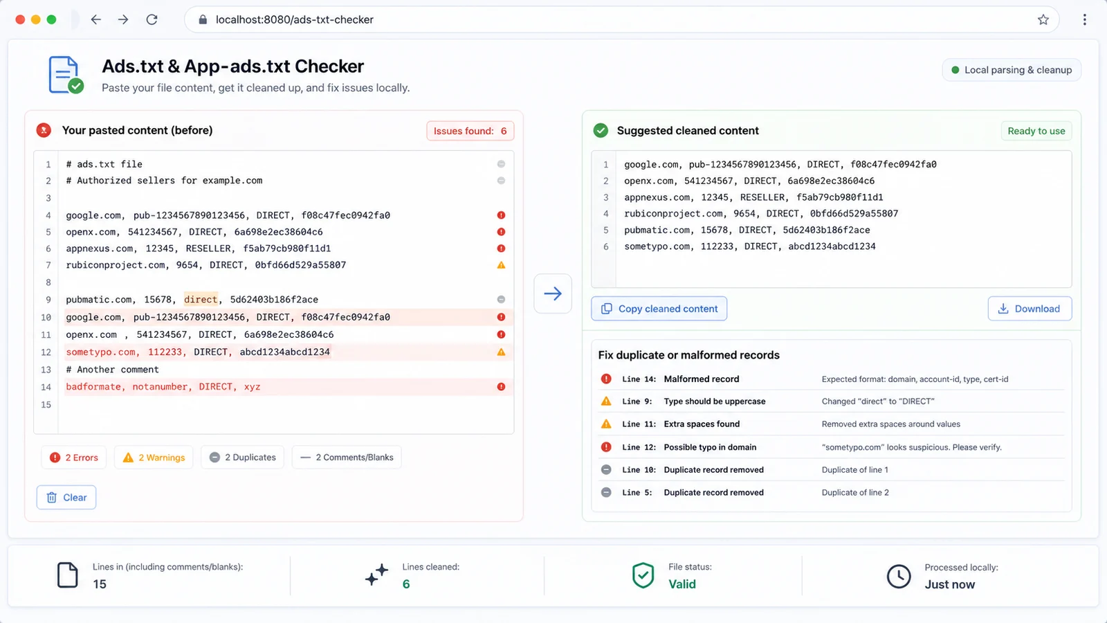 Authorized sellers file cleanup workflow with suggestions and copyable cleaned content