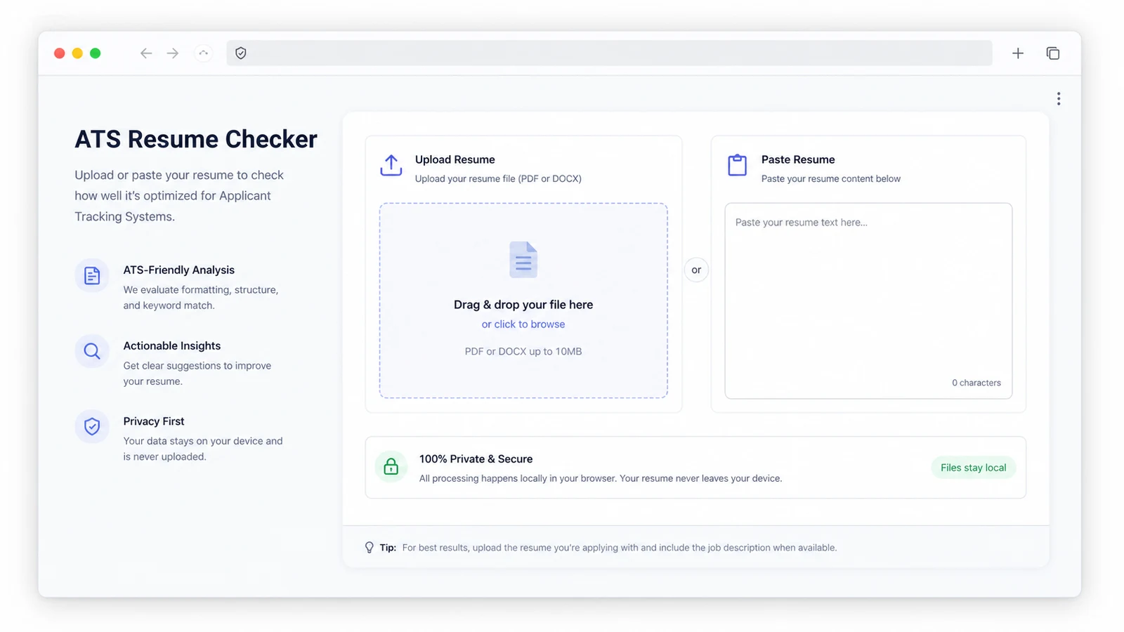 Resume checker upload and paste interface for PDF DOCX and resume text