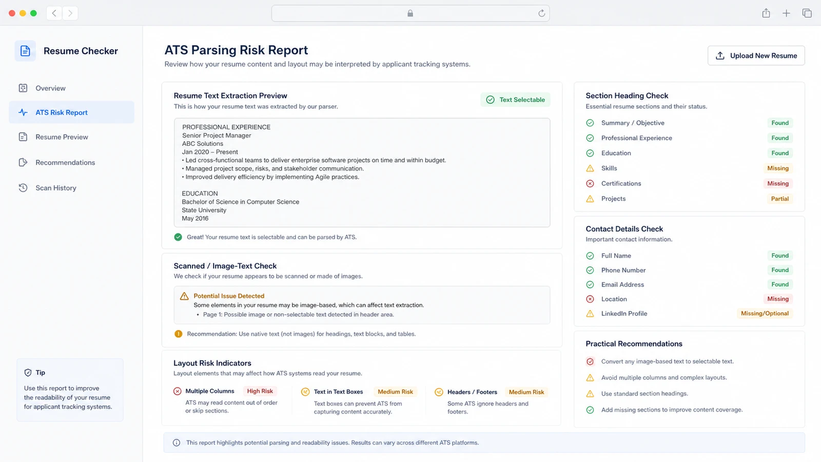 Resume report with extracted text section headings contact details and layout risks