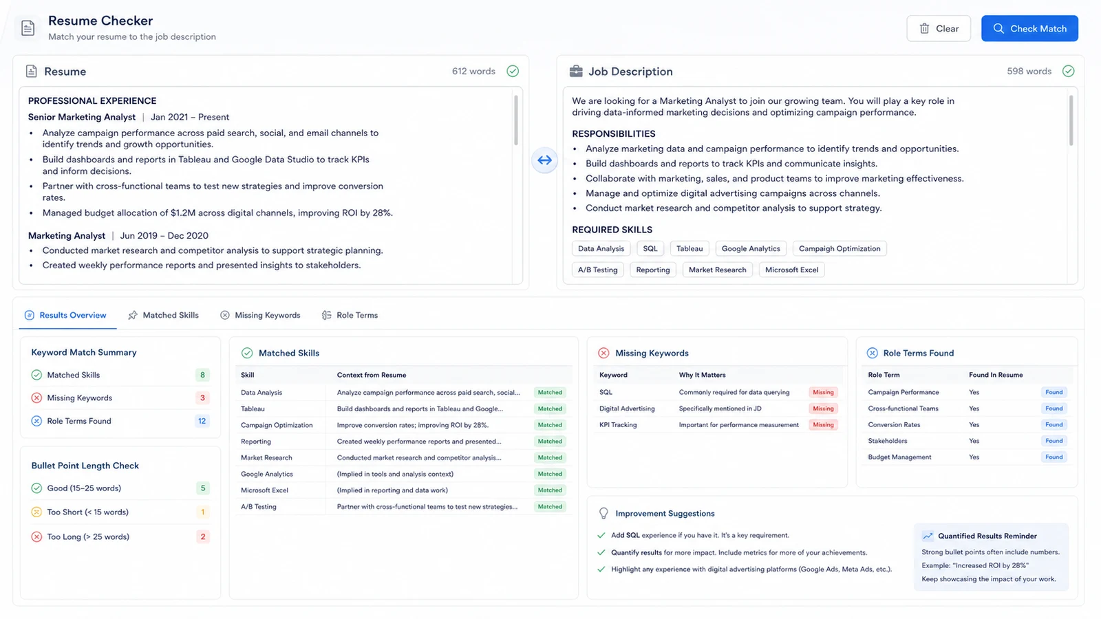 Resume workflow comparing resume text with job description keywords and skills
