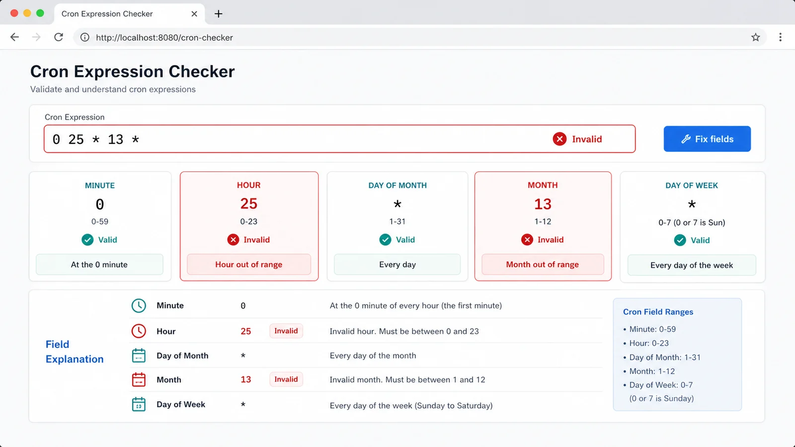 Cron Expression Checker result panel showing invalid hour and month fields with explanations