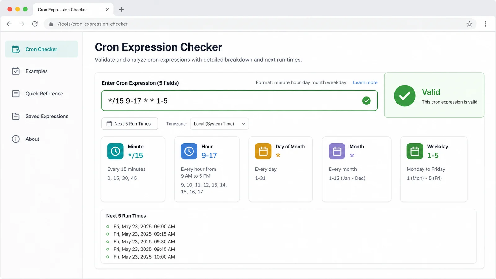 Cron Expression Checker interface showing a valid 5-field cron expression and field summary