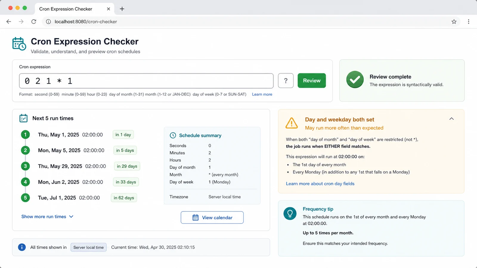 Cron Expression Checker workflow showing next run times and a day and weekday warning