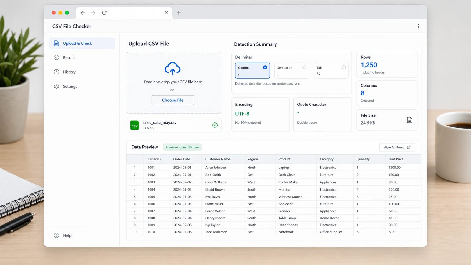 CSV File Checker upload panel with delimiter encoding row and column preview