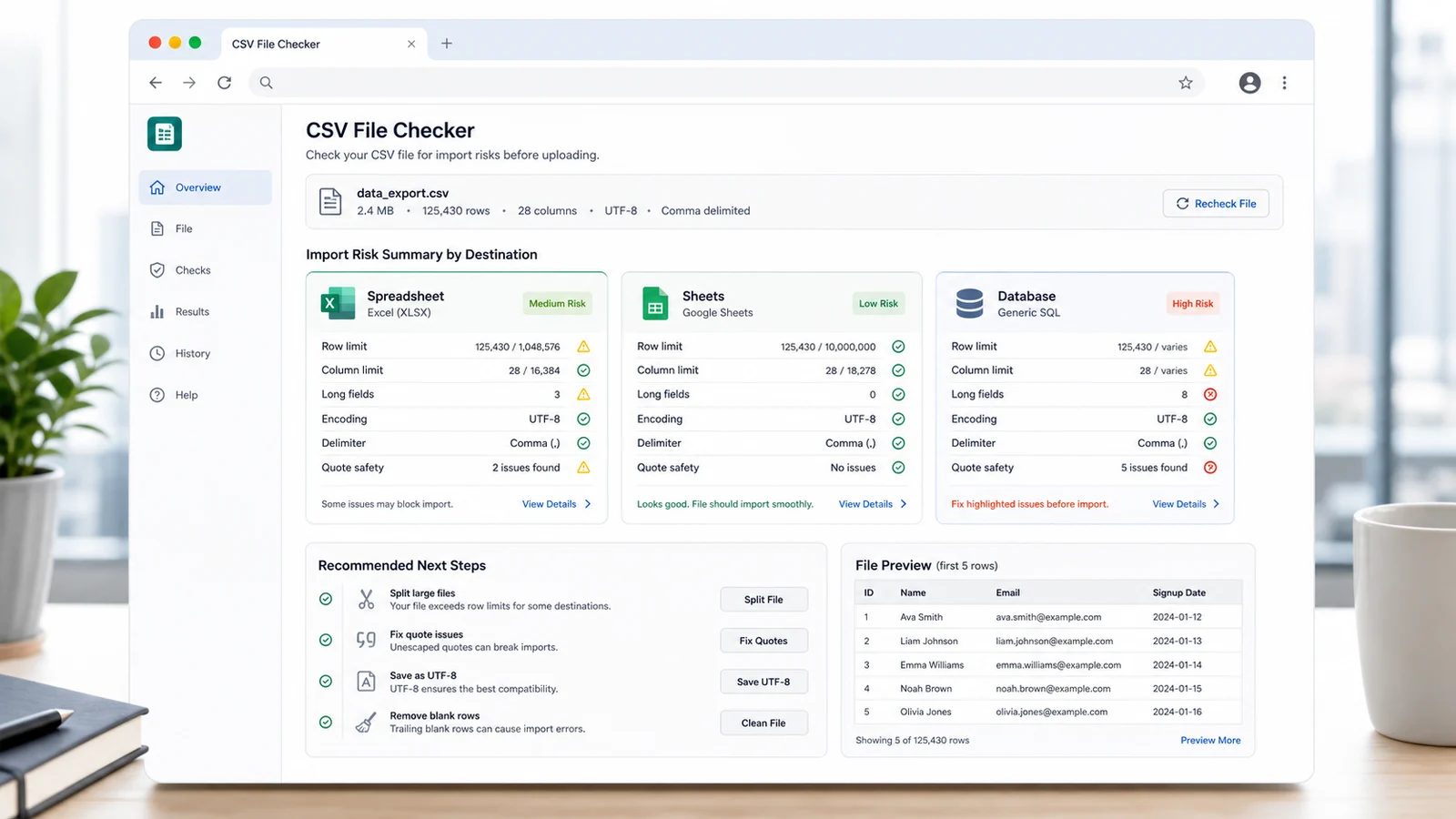 CSV File Checker workflow showing spreadsheet and database import risk cards