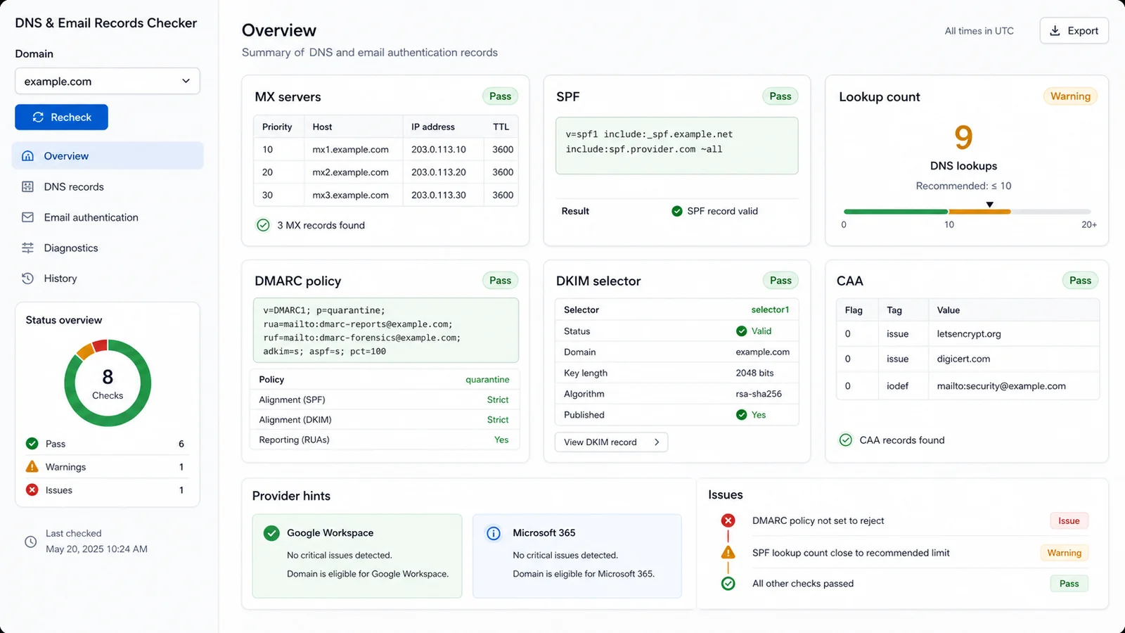 DNS and Email Records Checker results showing MX, SPF, DMARC, DKIM, CAA and provider hint panels