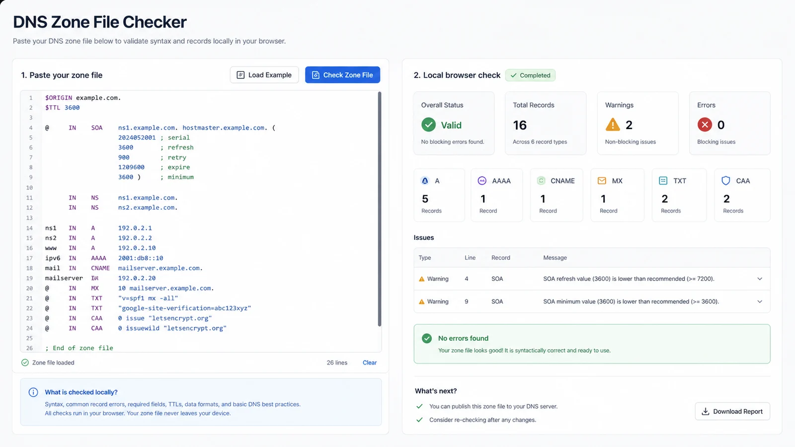 DNS Zone File Checker interface with pasted zone file records and local record type statistics