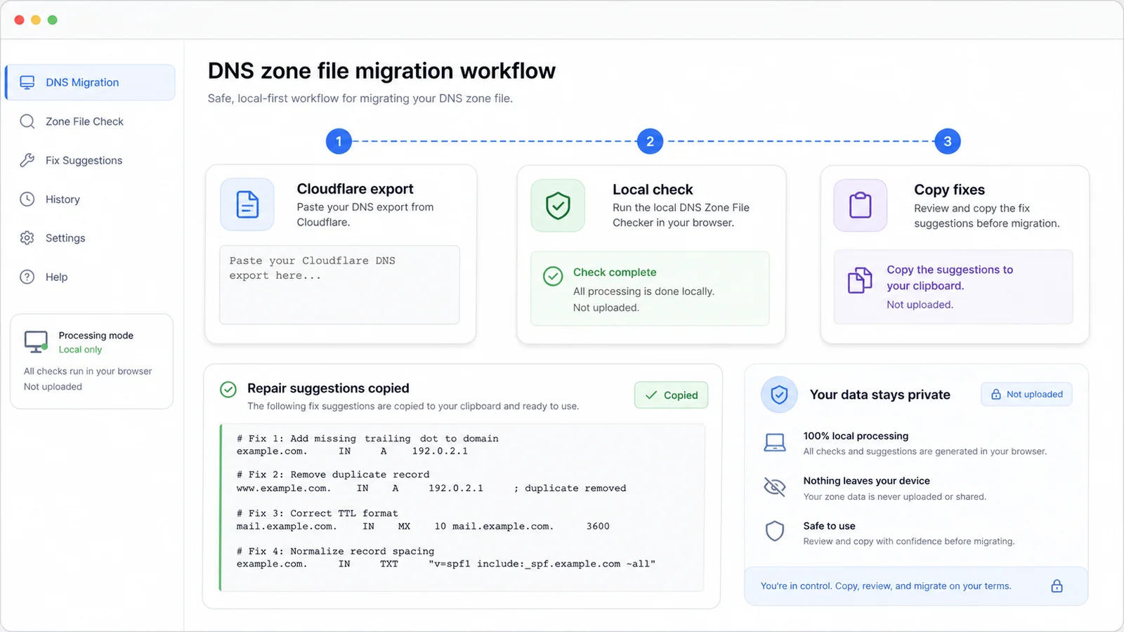 DNS Zone File Checker local workflow from Cloudflare export to copyable fixes