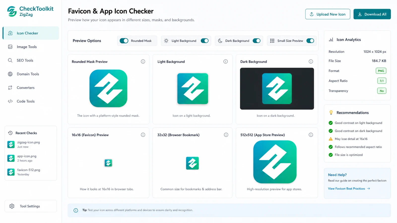 Icon checker preview grid with rounded mask, light background, dark background and tiny icon views