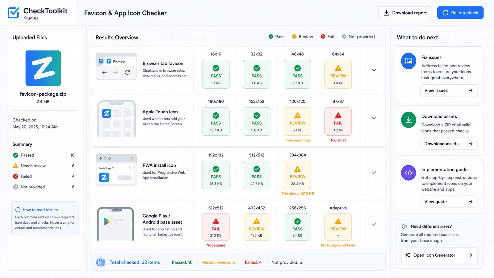 Icon checker results grid with pass and review states for platform icon sizes
