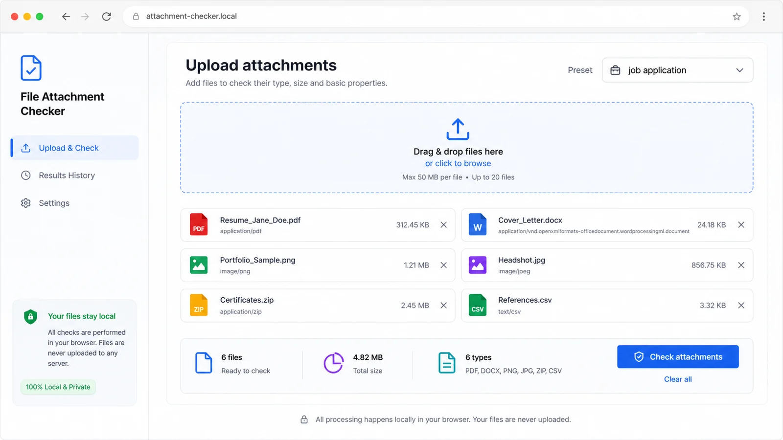 File Attachment Checker upload panel with PDF DOCX PNG JPG ZIP and CSV attachments