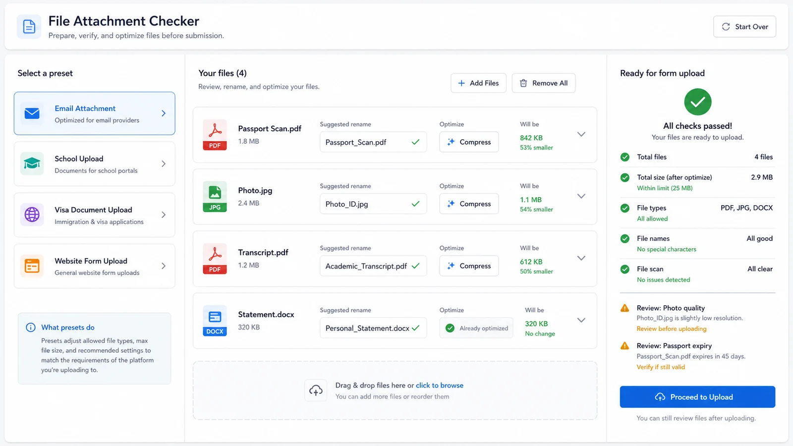 File Attachment Checker workflow with preset choices suggested renames compression and ready checks