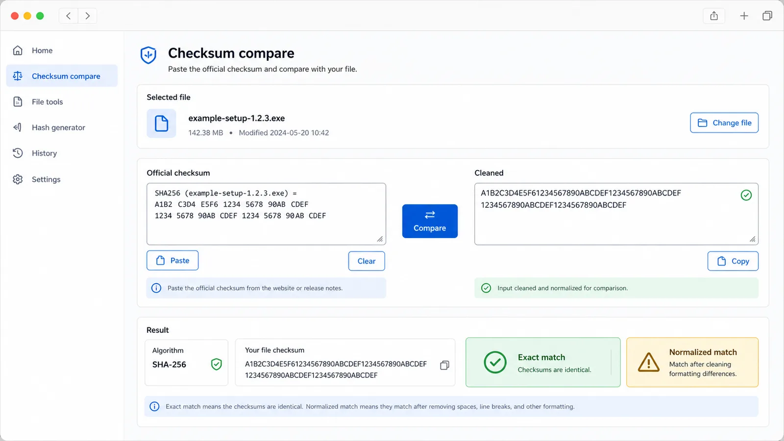 File Hash and Checksum Checker comparing an official checksum against SHA-256