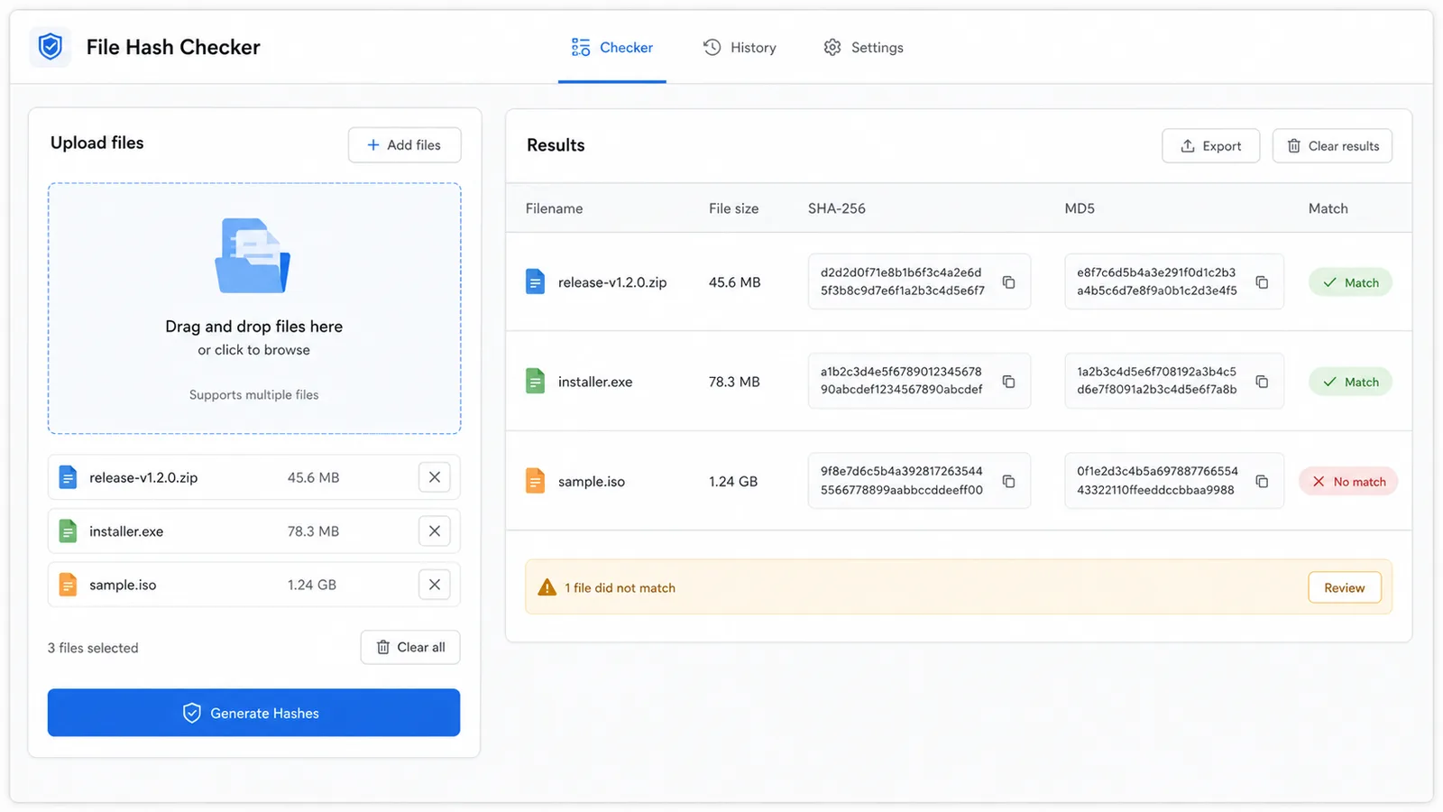 File Hash and Checksum Checker upload panel with generated hash table