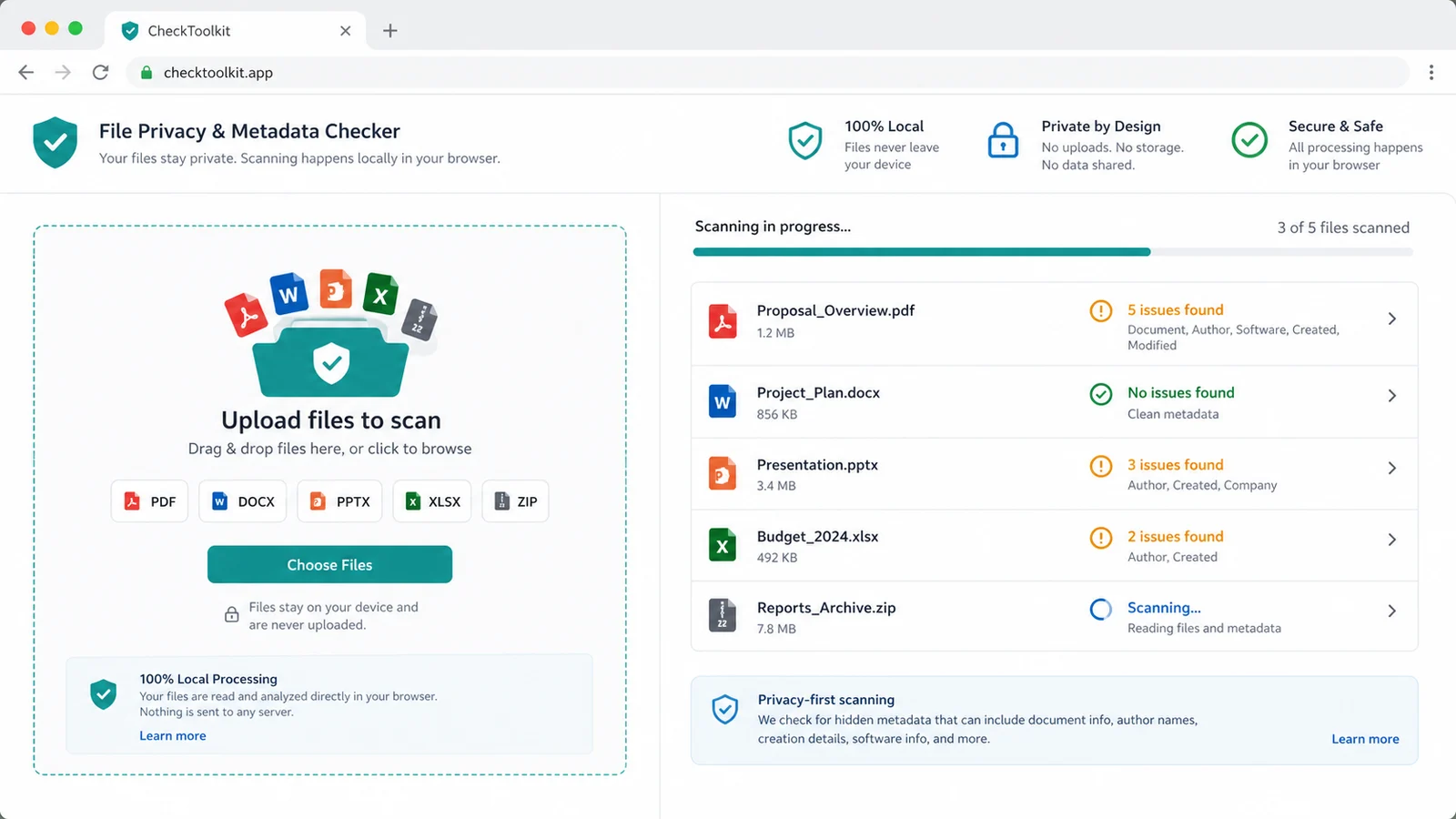 Local upload screen for PDF Office and ZIP privacy checks