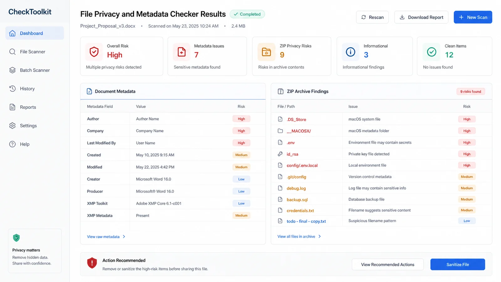 Report with metadata and ZIP privacy findings