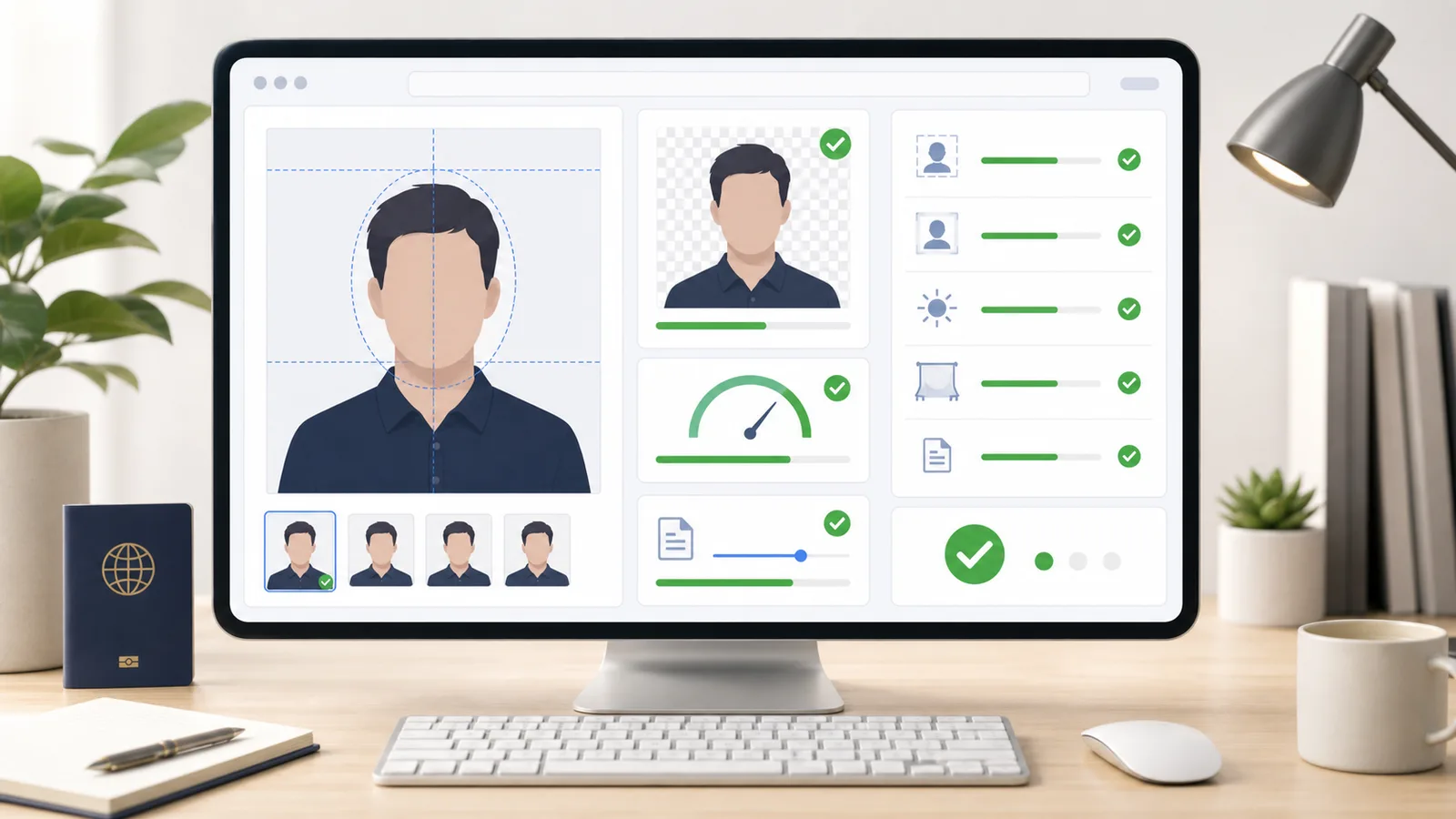 Passport and visa photo checker interface with crop, background and file requirement panels