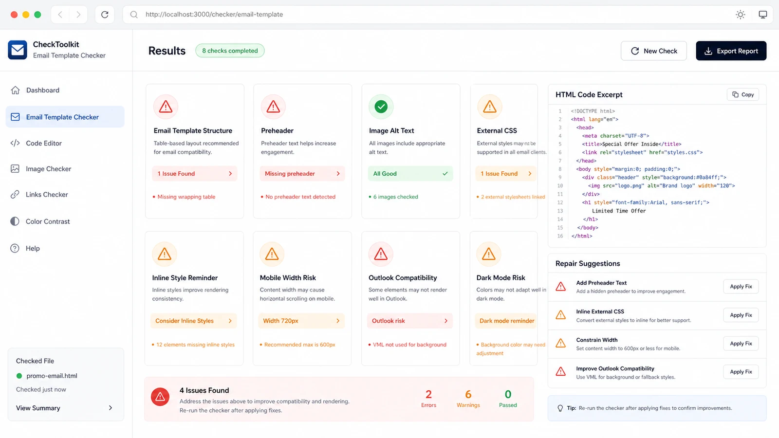 HTML Email Template Checker result cards for preheader, external CSS, mobile width, Outlook risk and repair suggestions