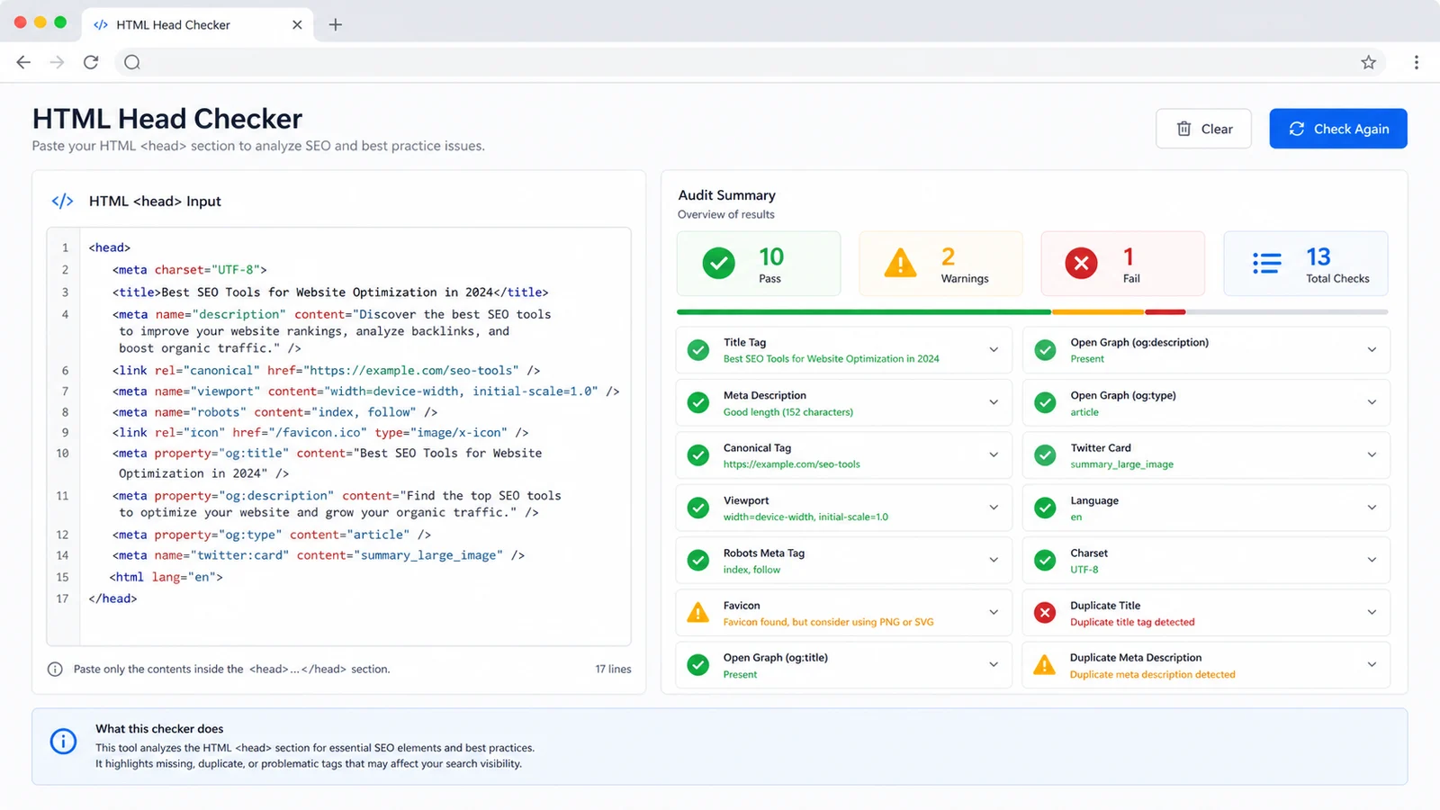 HTML Head Checker interface parsing pasted head code and showing Pass Warning Fail results