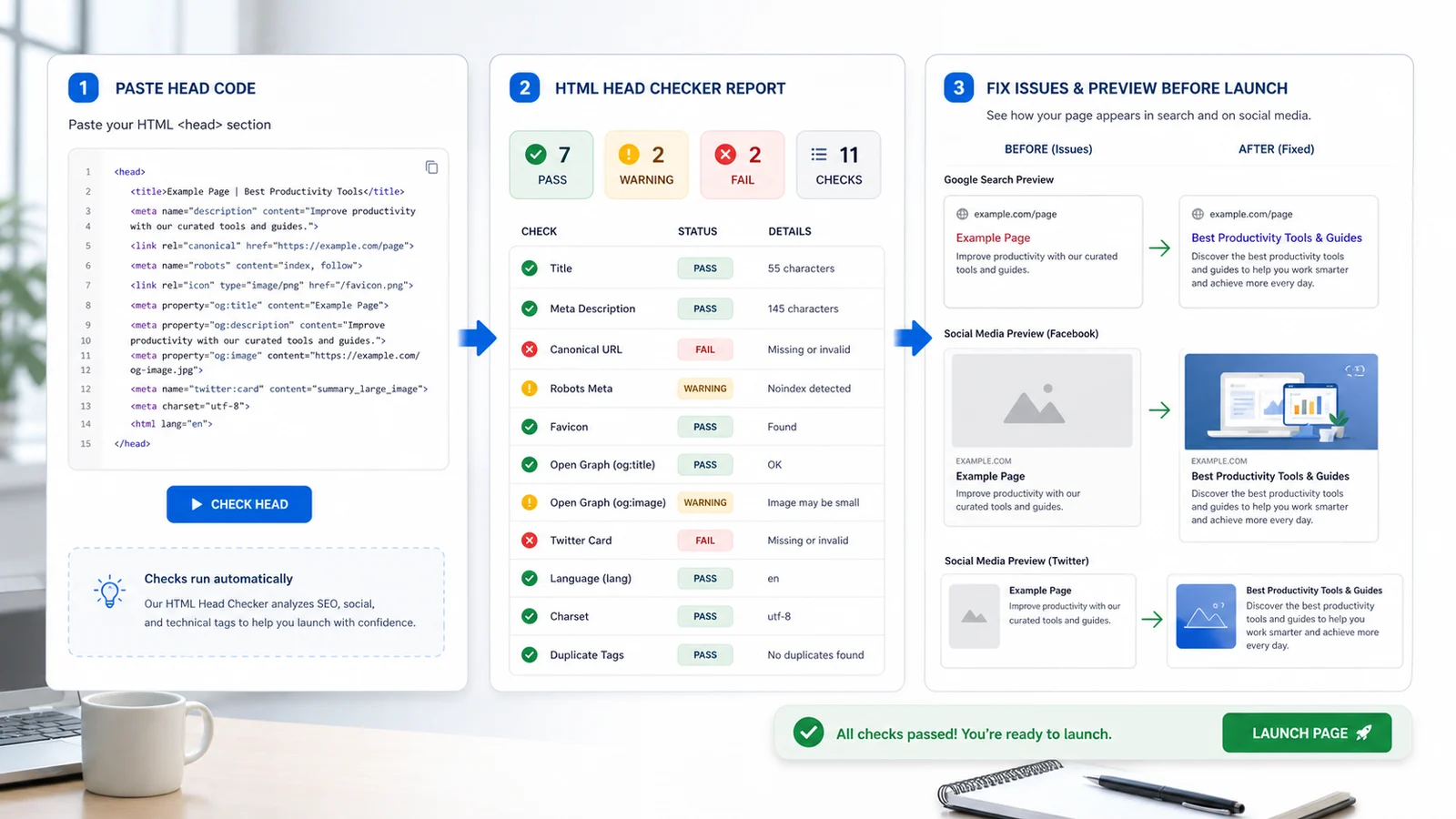 HTML Head Checker workflow showing pasted code report and before after search and social previews