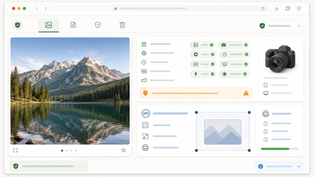 Metadata privacy flags and DPI print estimates in an image checker workflow