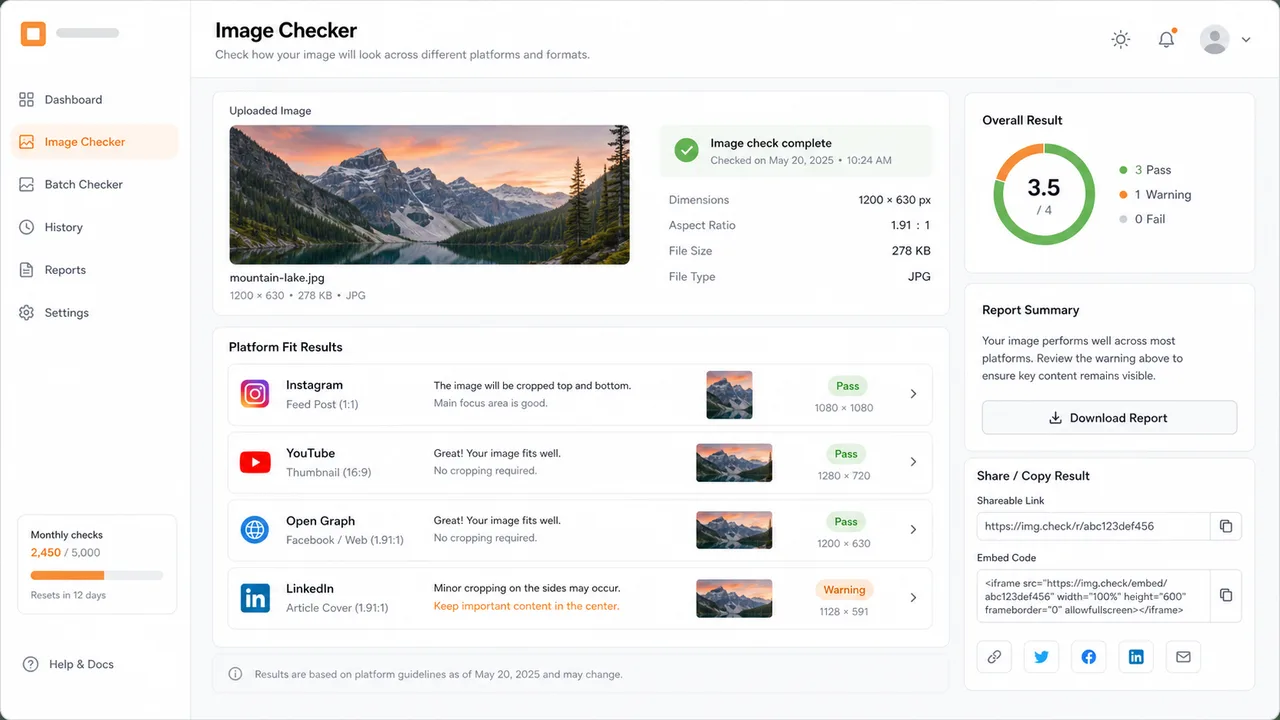 Platform fit results and copyable report in an image checker dashboard