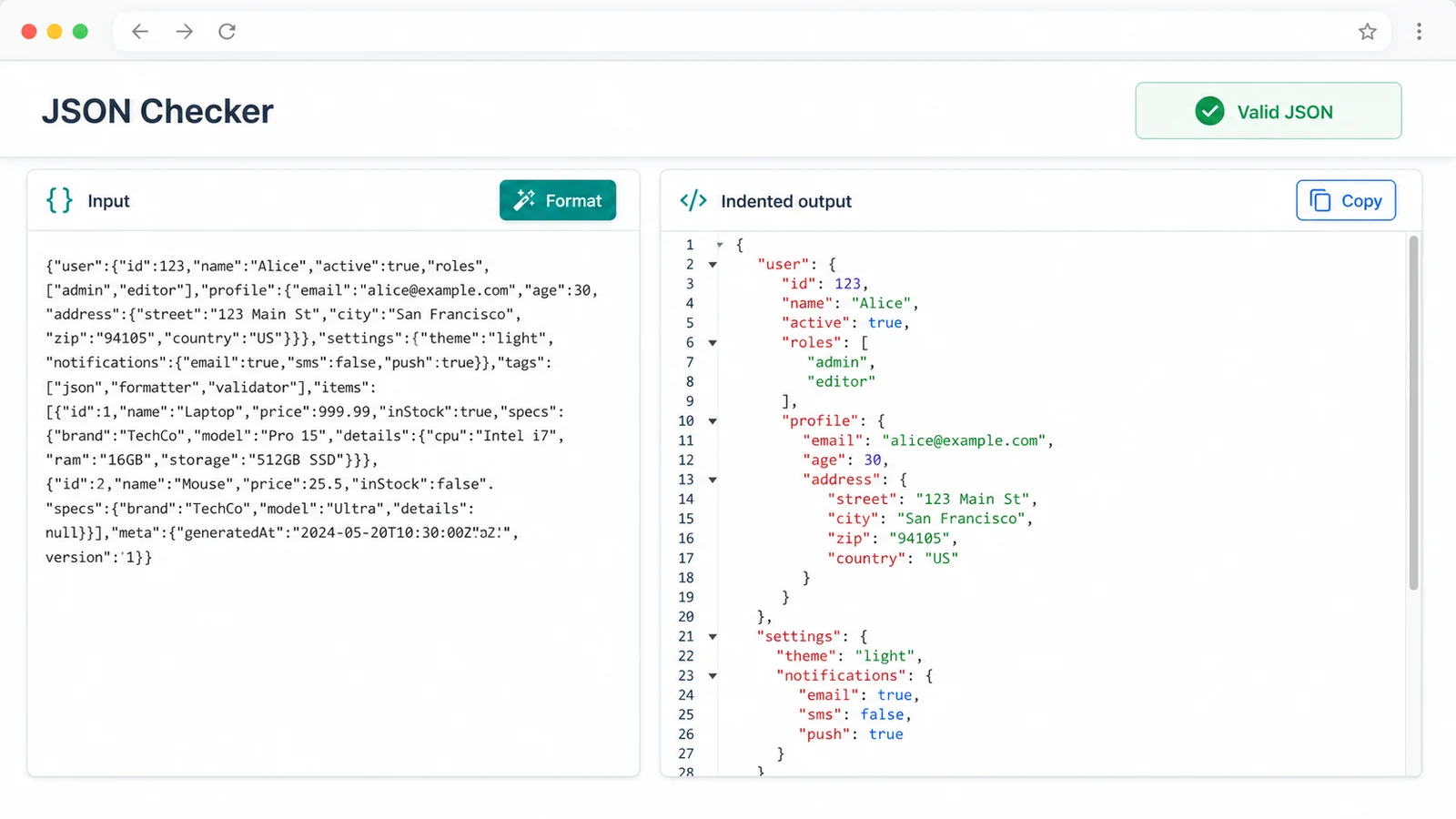 JSON Checker interface converting compact JSON into readable indented output