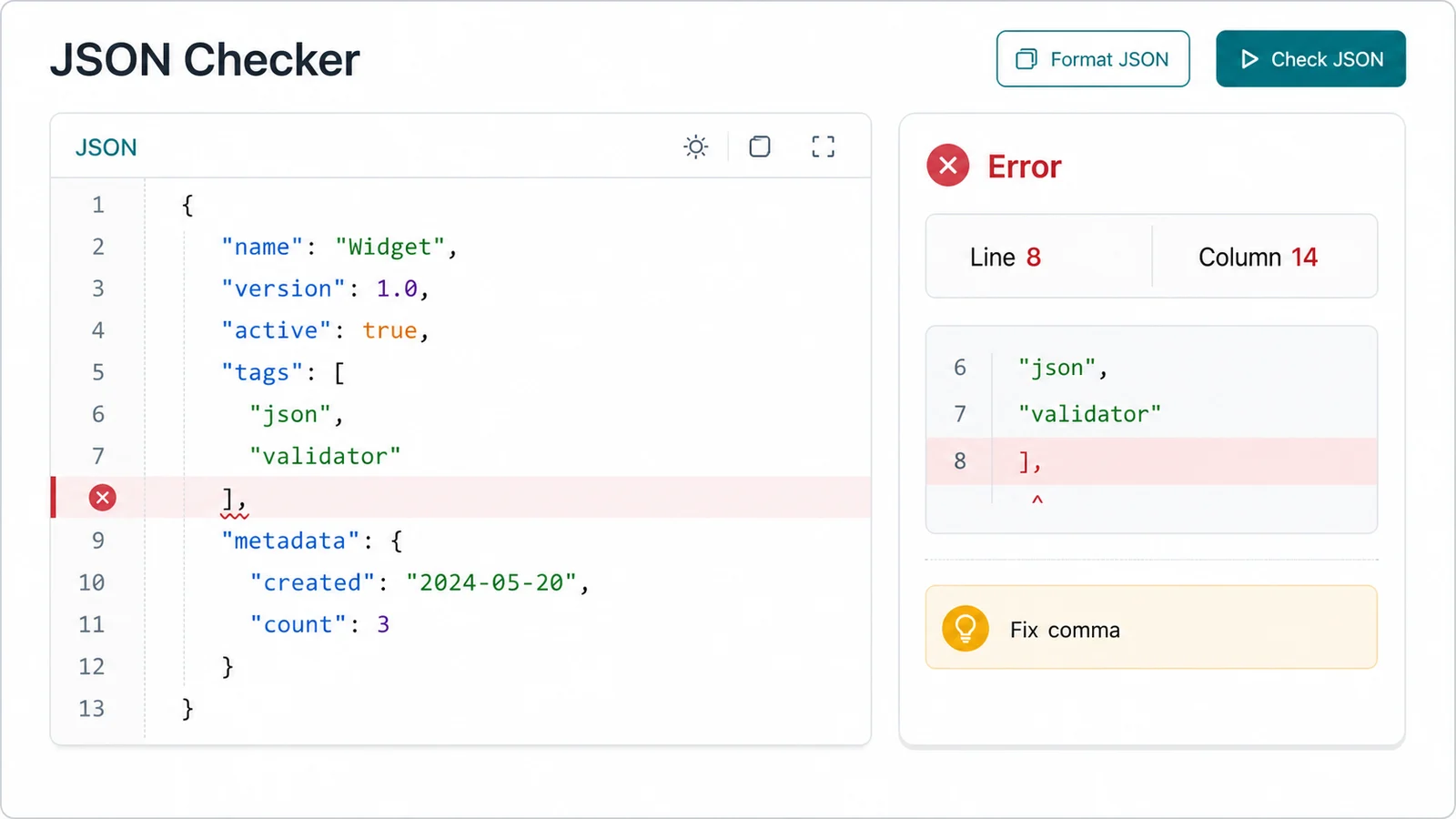 JSON Checker interface highlighting a syntax error with line and column details