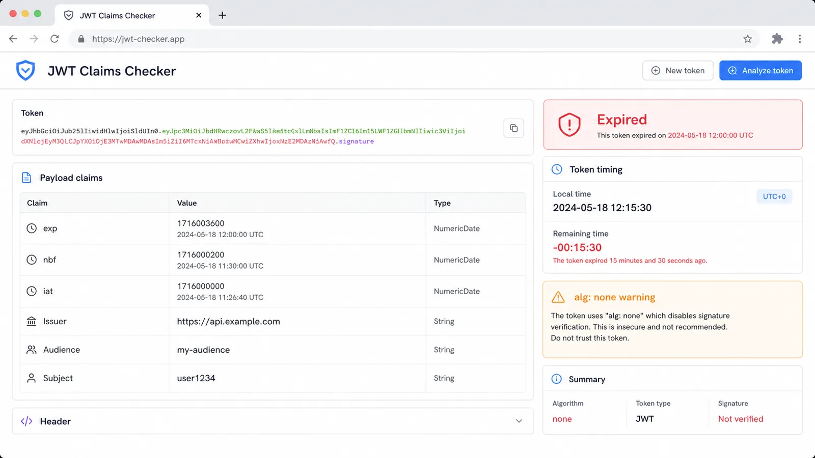 JWT Claims Checker results showing payload claims, local time, remaining time and alg none warning