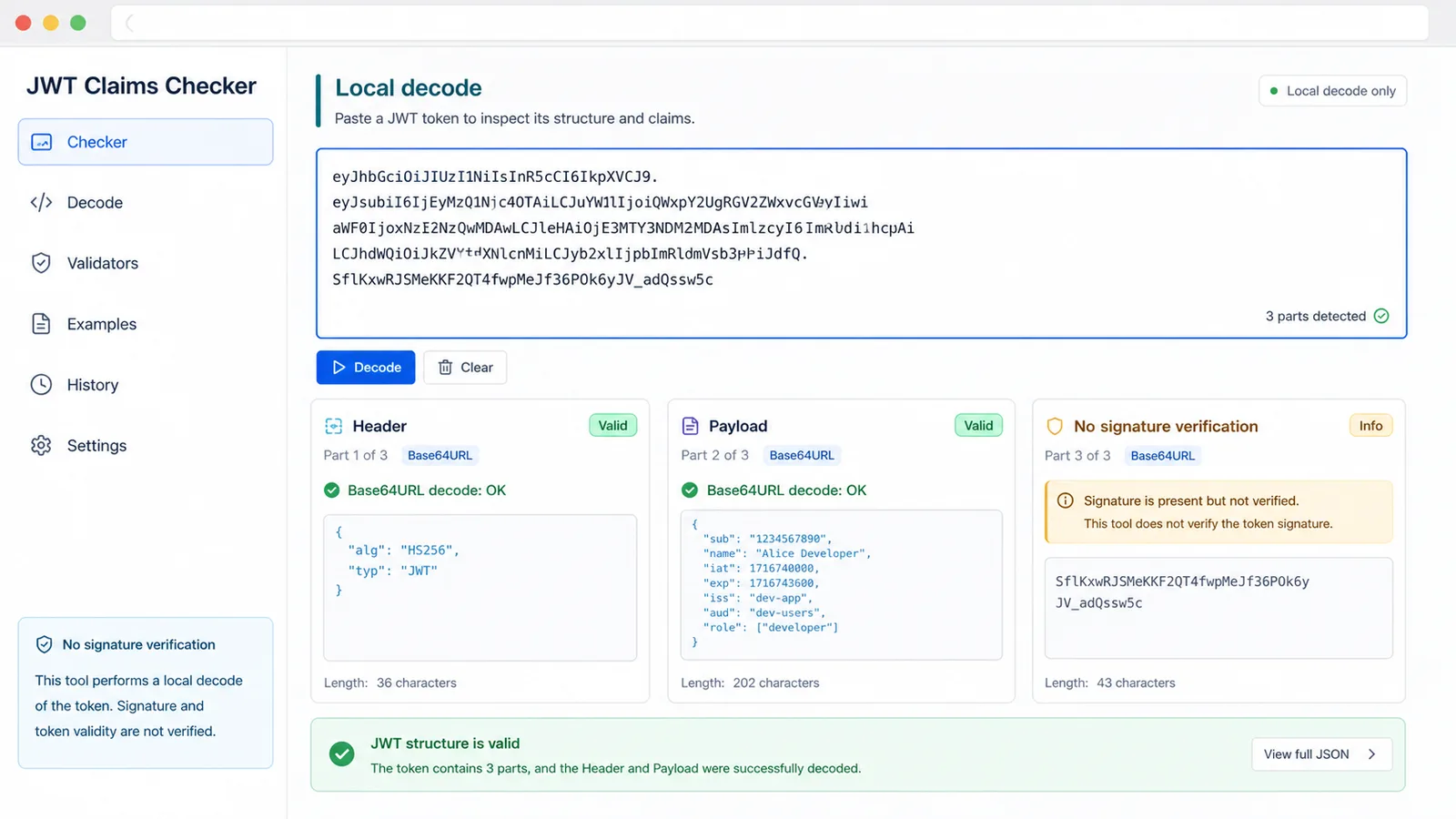 JWT Claims Checker interface showing a pasted token with local header and payload decoding