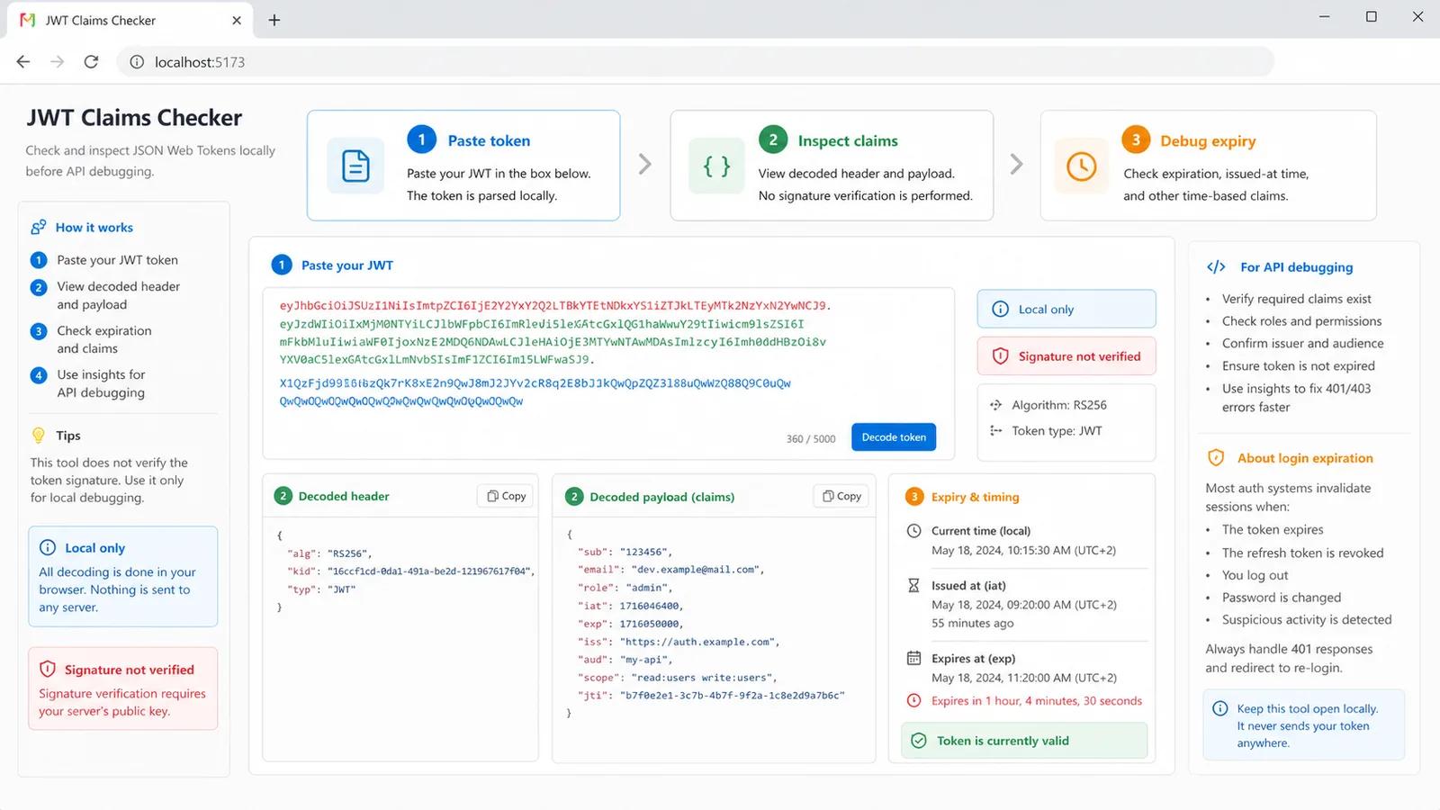 JWT Claims Checker workflow showing paste token inspect claims and debug expiry steps