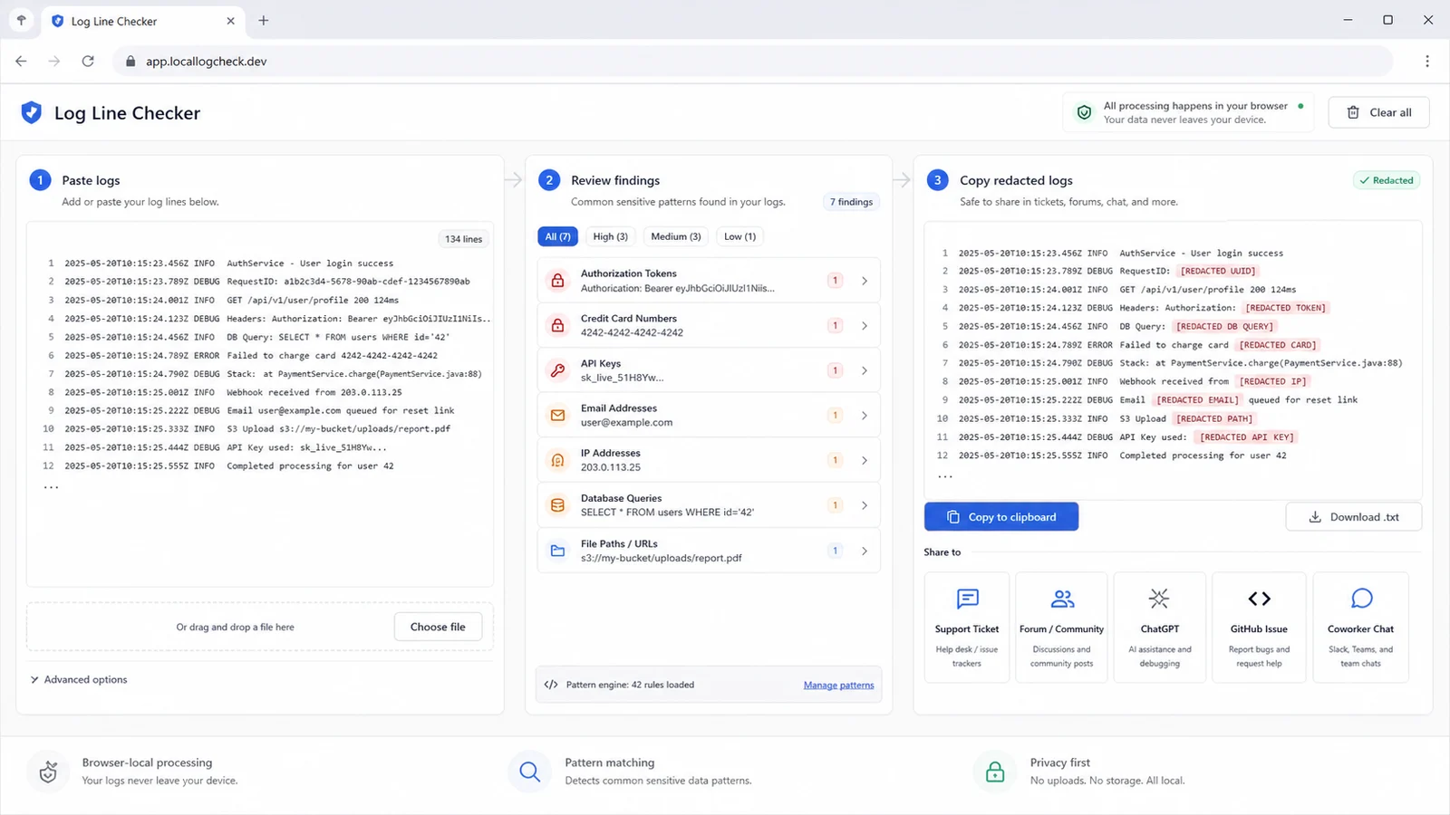 Workflow showing paste logs, review findings and copy redacted output