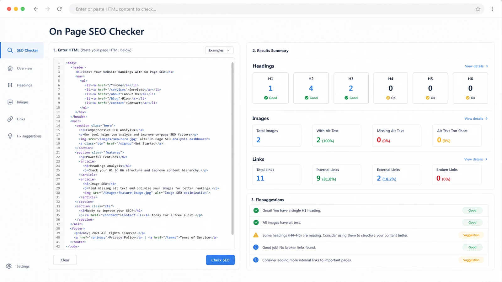 On Page SEO Checker interface parsing pasted body HTML and showing heading image and link summaries