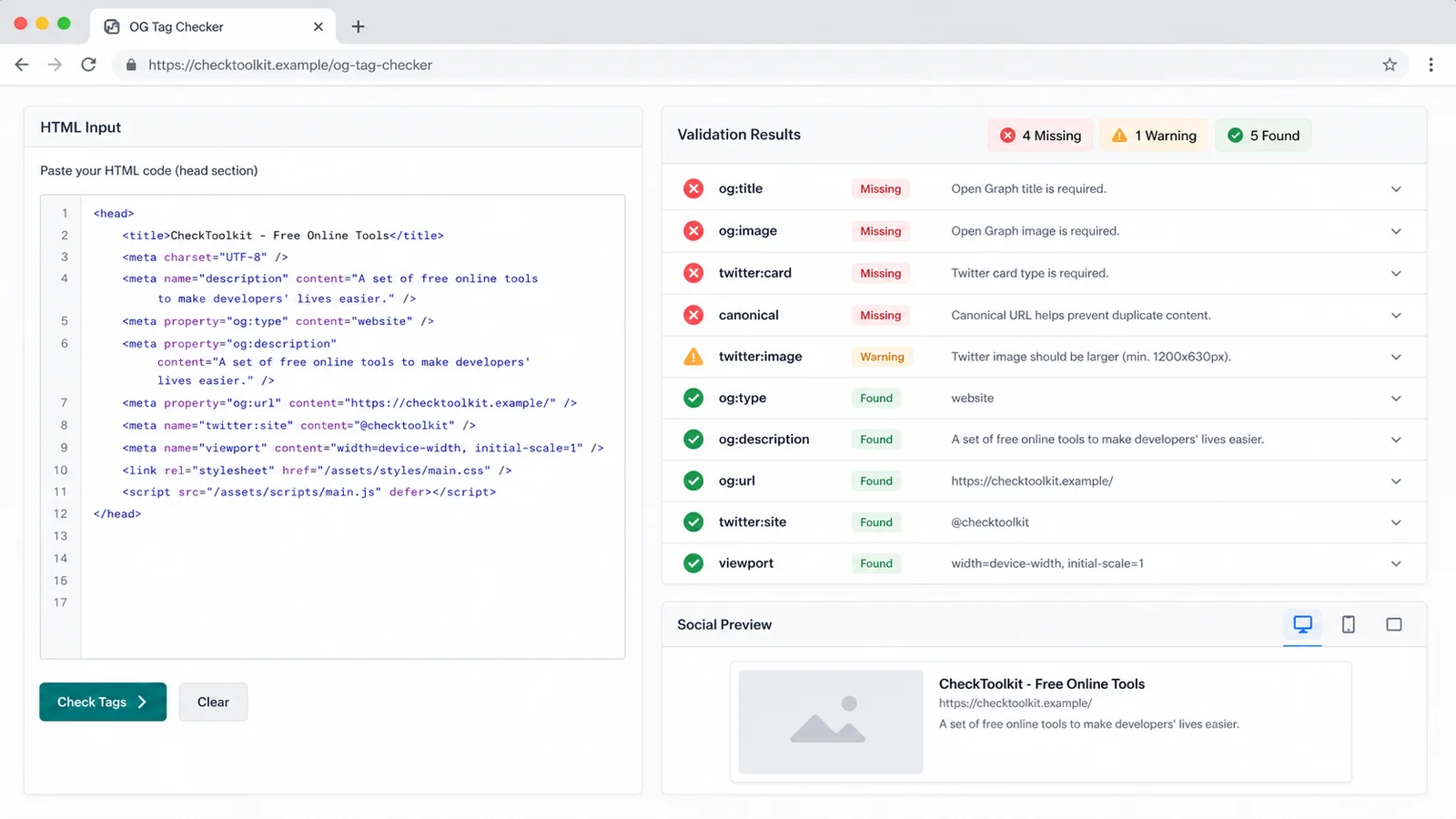 Open Graph Tag Checker interface parsing pasted head tags and showing missing preview metadata