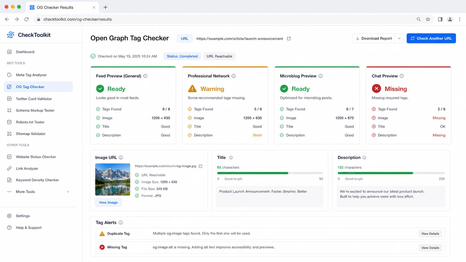 Open Graph Tag Checker dashboard with platform readiness tiles and warning states