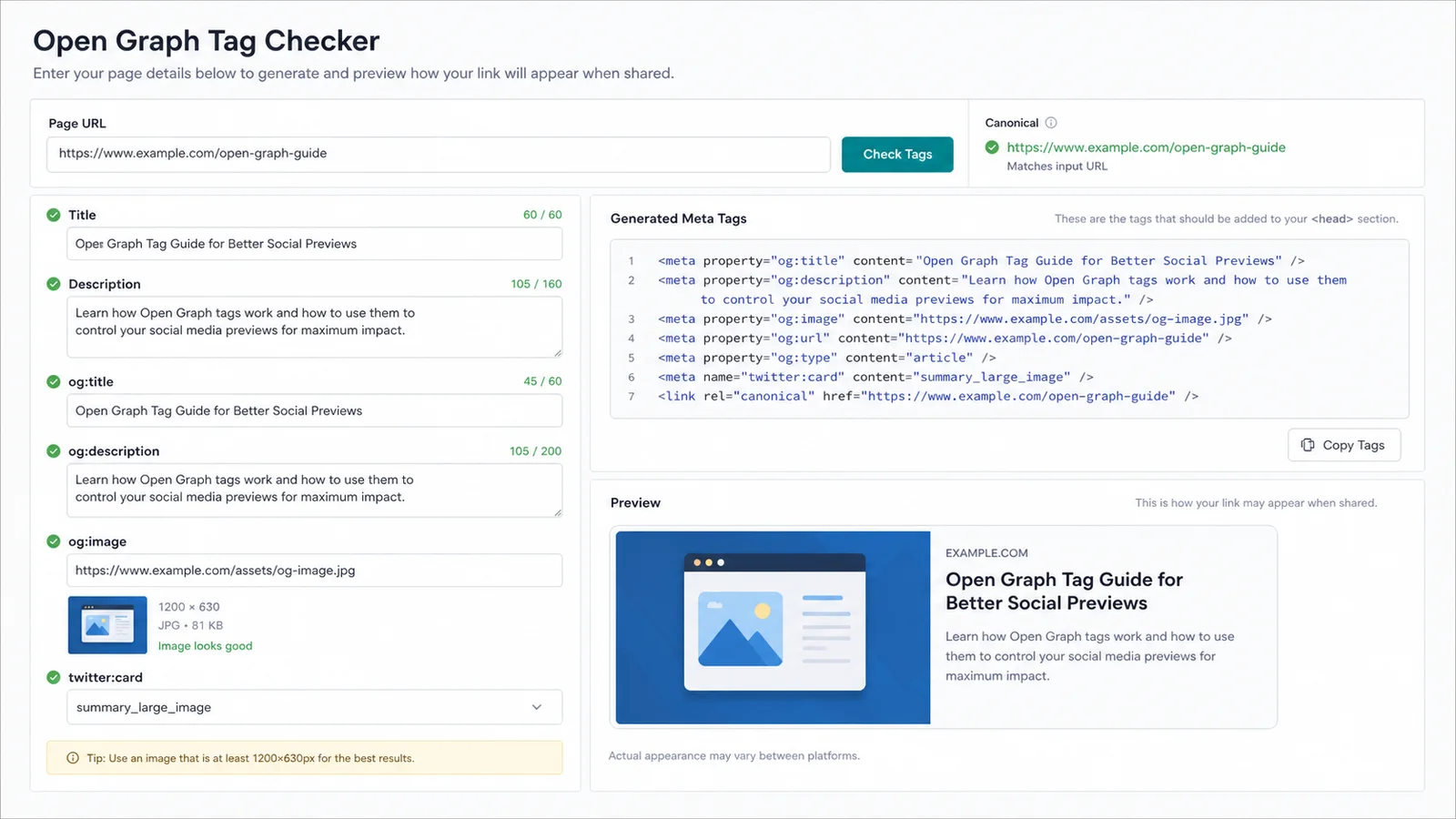 Open Graph Tag Checker manual fields generating a simulated social share card preview