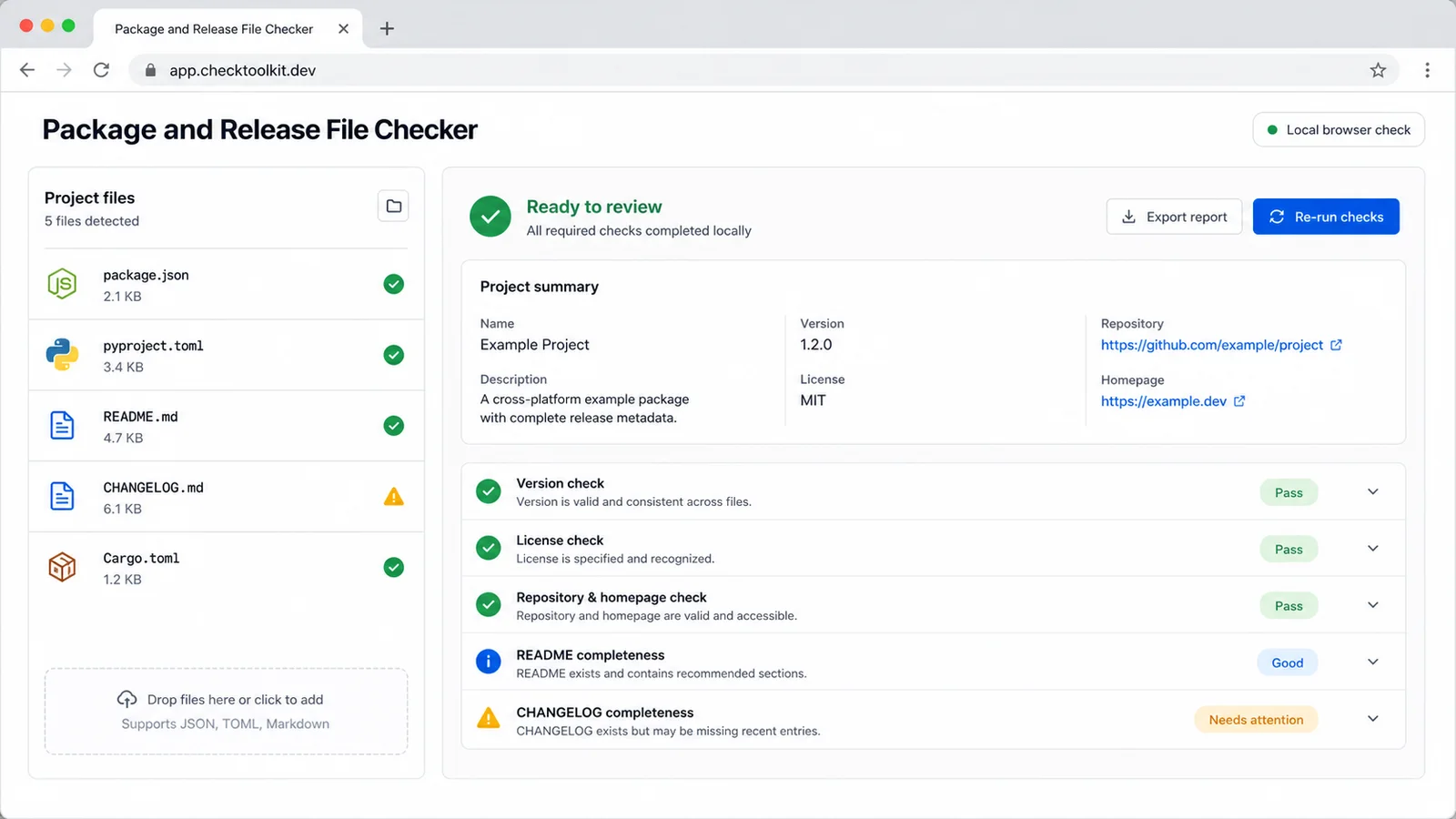 Package and Release File Checker diagnostics dashboard with metadata README and CHANGELOG cards