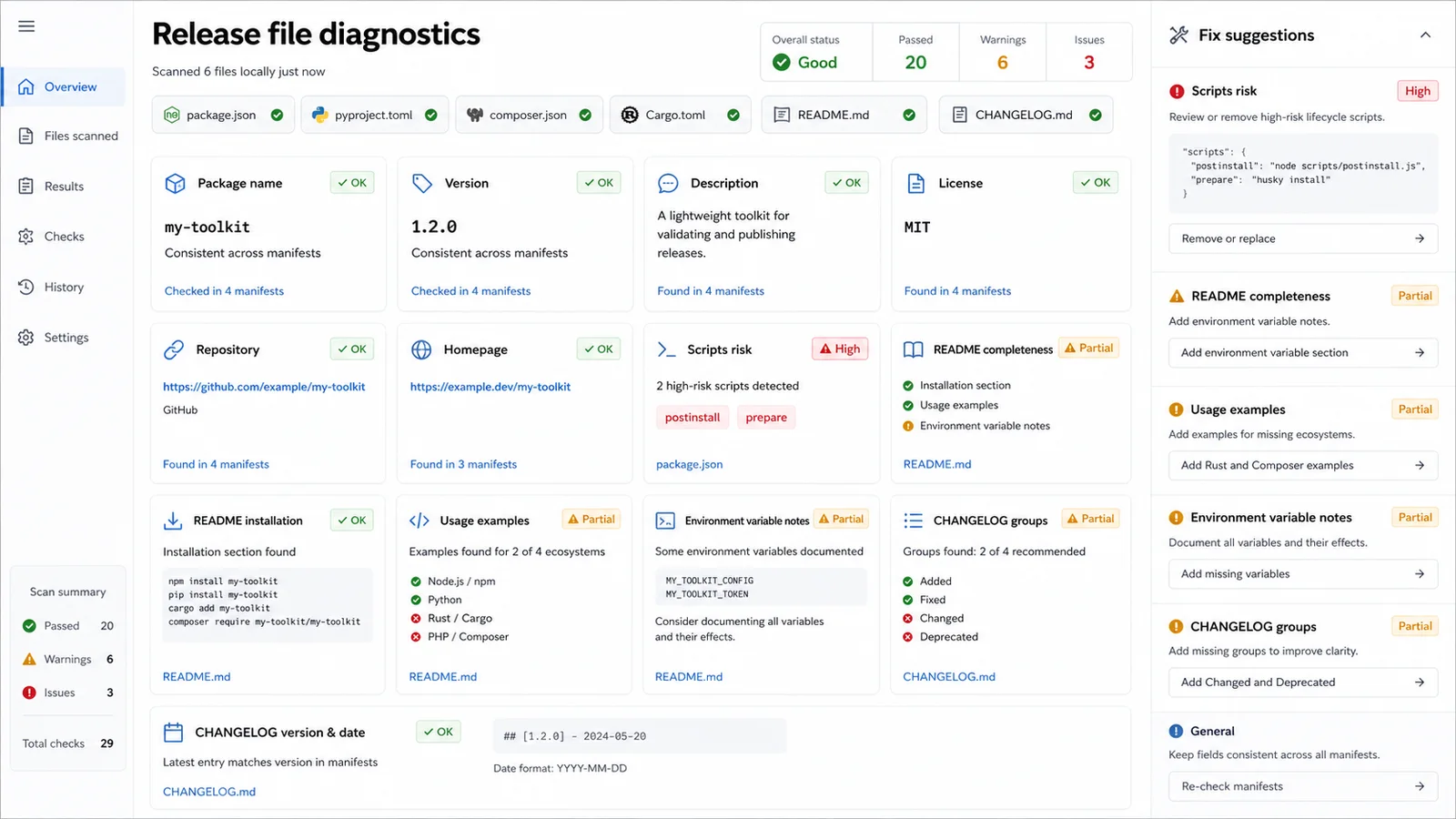 Package and Release File Checker interface showing uploaded manifests README and CHANGELOG files