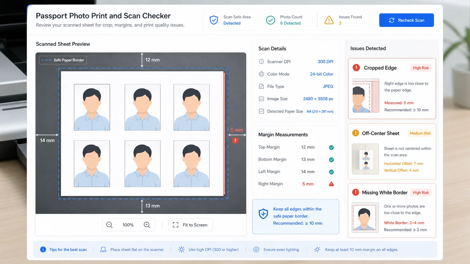 Passport Photo Print and Scan Checker scan crop dashboard with paper margins and edge warnings