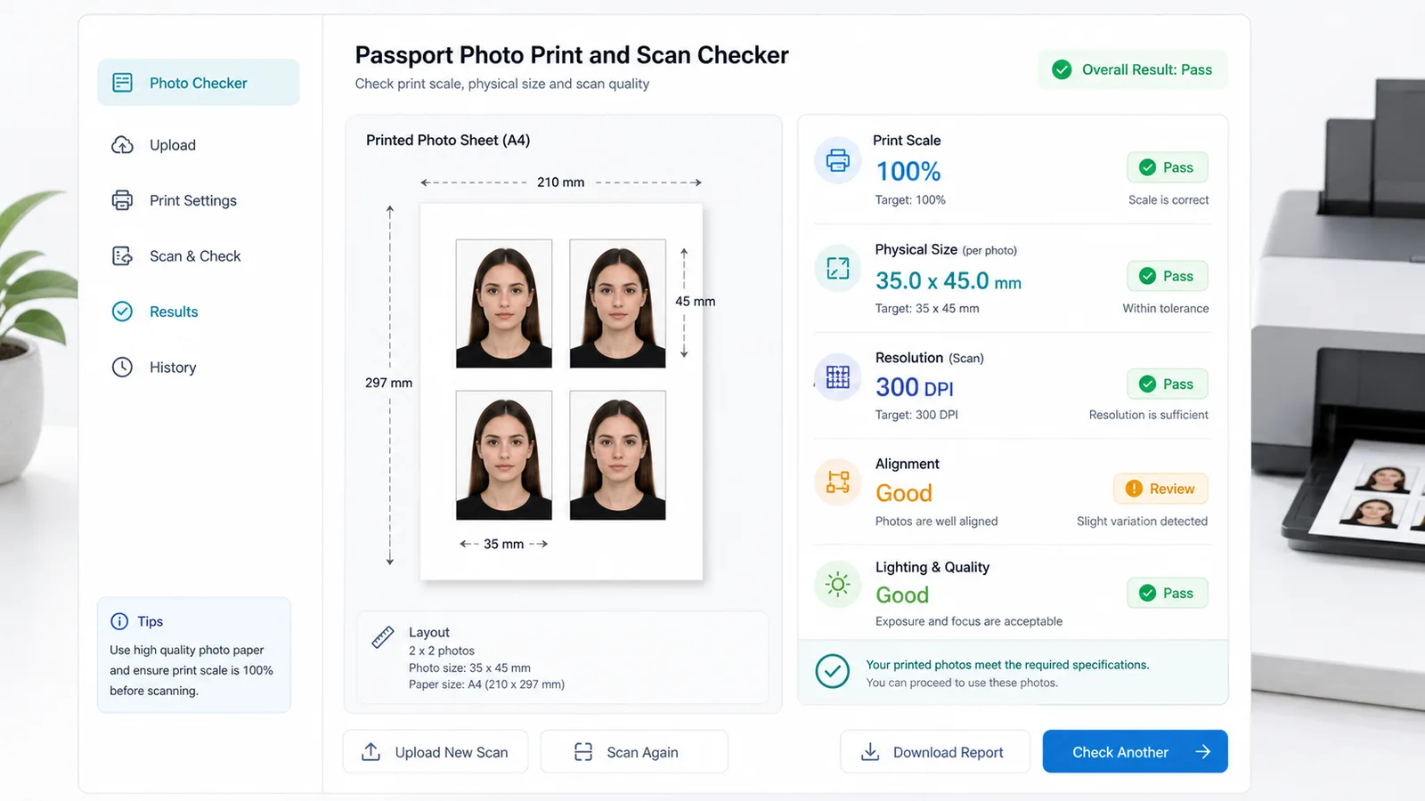 Passport Photo Print and Scan Checker showing printed passport photo sheet size and DPI checks