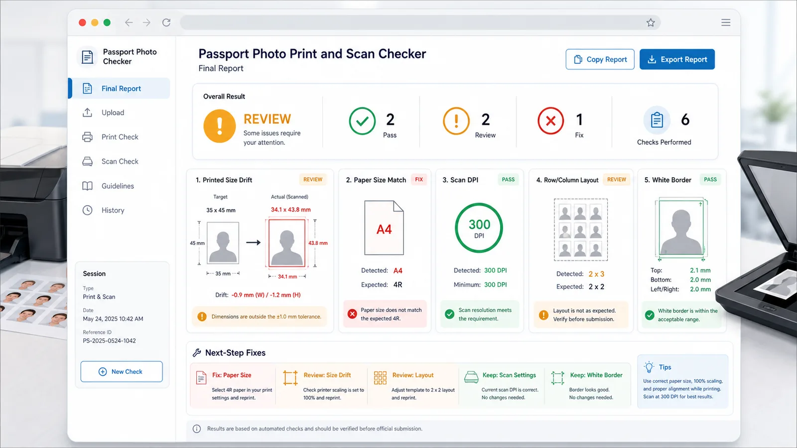 Passport Photo Print and Scan Checker report cards showing print scale, paper size, DPI and fixes