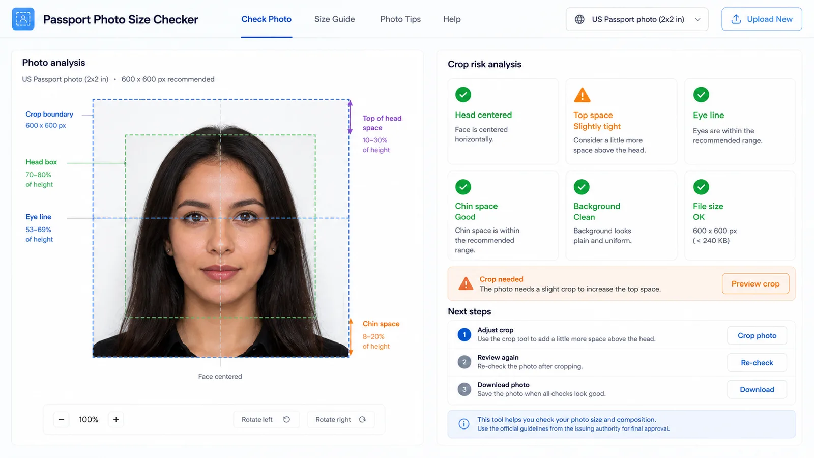 Passport Photo Size Checker crop analysis with head box, center line and spacing guides