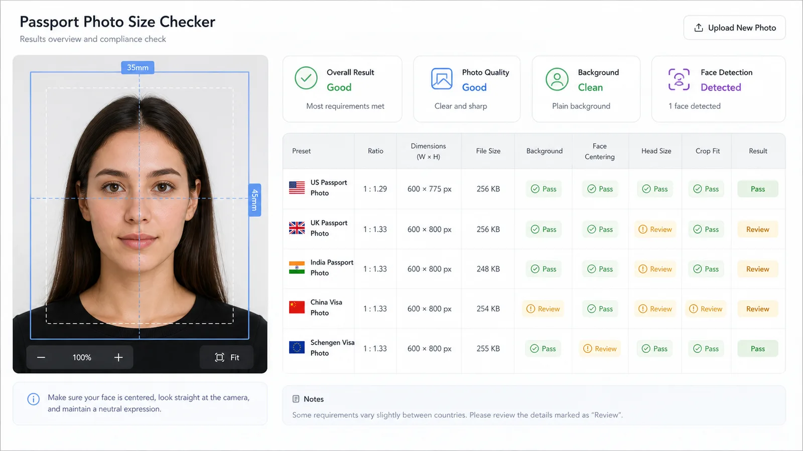 Passport Photo Size Checker results dashboard with passport and visa preset status cards