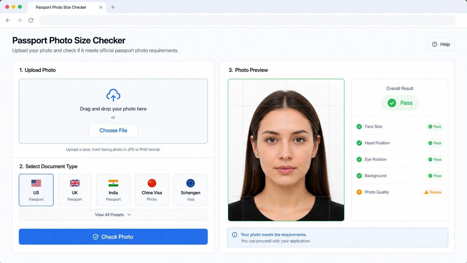 Passport Photo Size Checker upload screen with preset buttons and passport photo preview