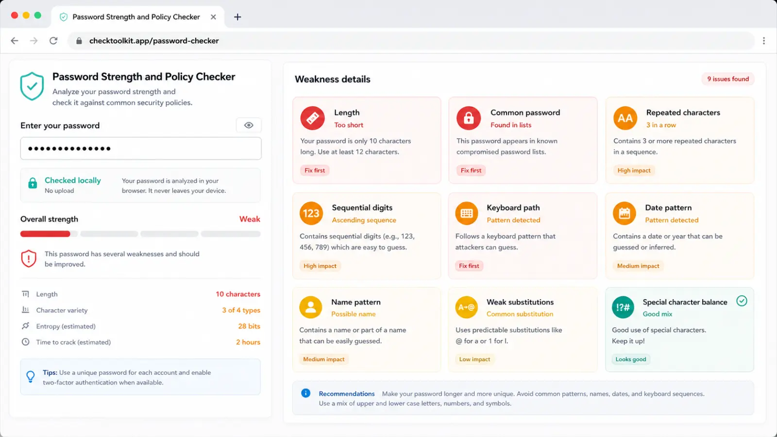 Password checker details showing weak pattern cards and recommendations