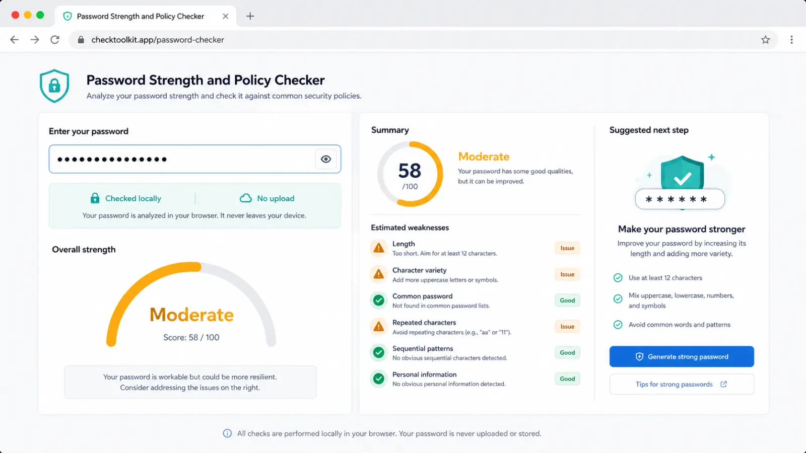 Password checker interface showing a local strength meter and privacy notice