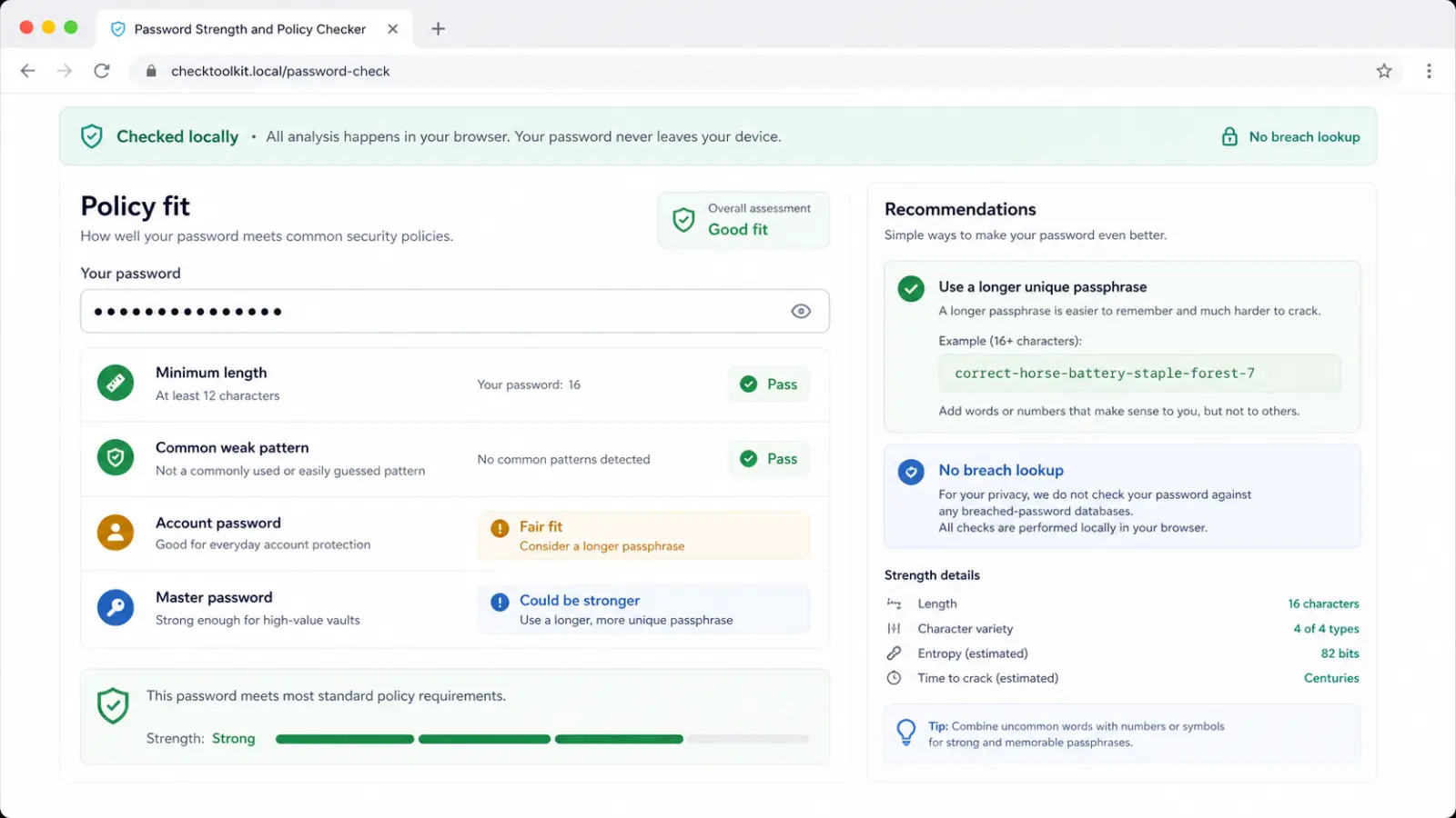 Password policy report showing account and master password suitability