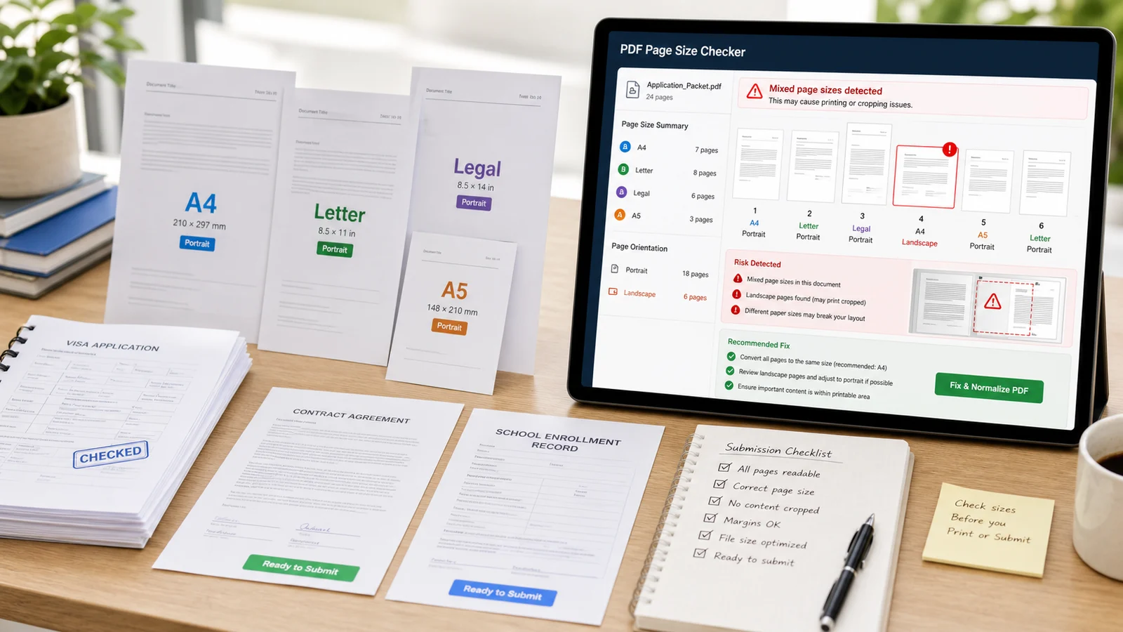 PDF print and submission workflow with mixed page size warnings