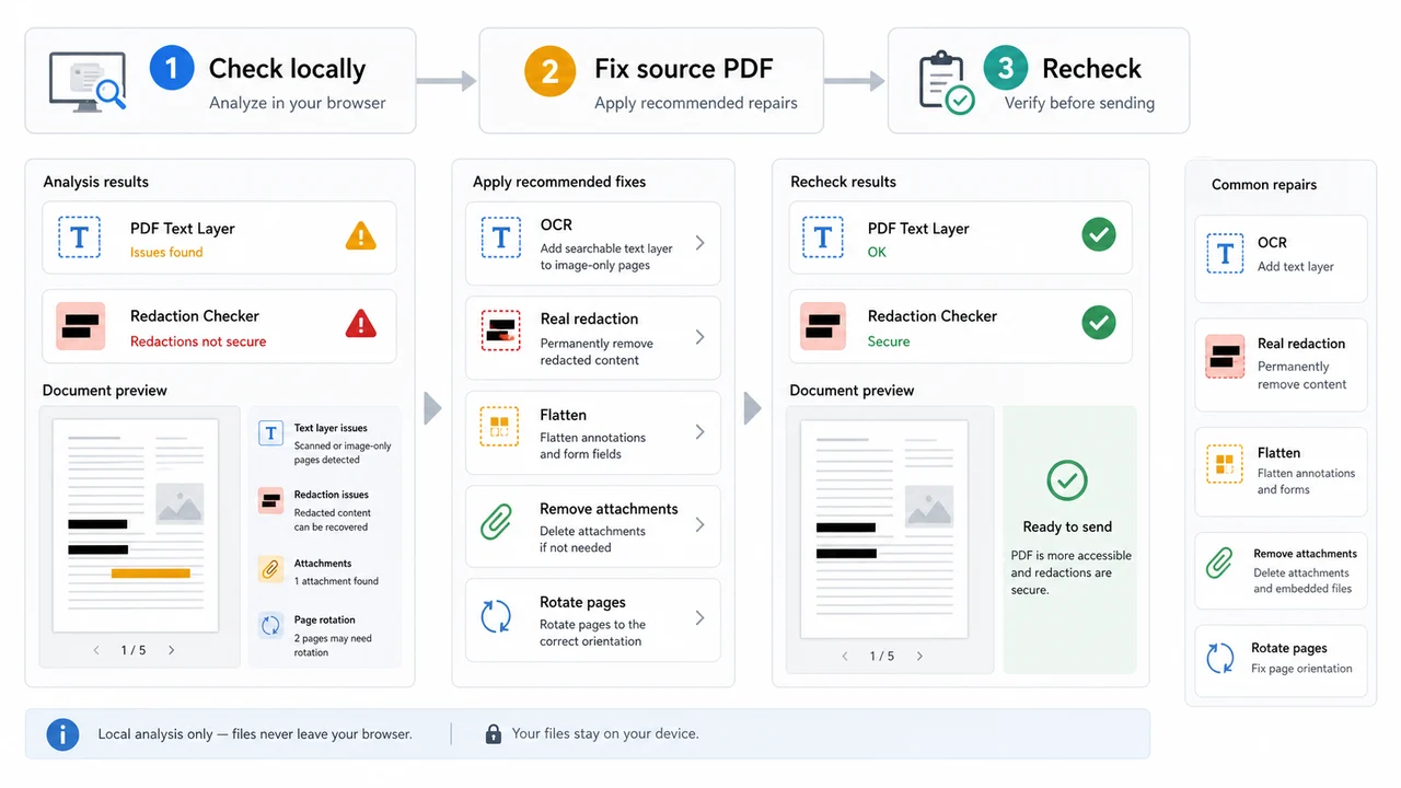 PDF repair workflow for OCR real redaction flattening and rechecking